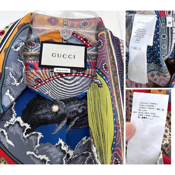 Gucci Animal Print Silk Top Blouse Tie Neck Tiger Bohemian Psychedelic 2017 38 - Picture 2 of 16